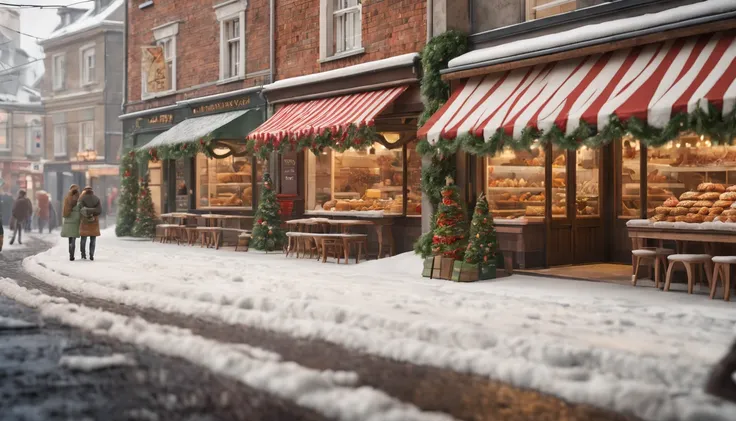 Breathtaking cinematic photo of a real Hyperrealistic christmas landscape photo of a village covered with snow at daytime,((snow is falling)), ((people standing in a long row line in front of the entrance of the pastry shop)), vivid colors, extremely high-...