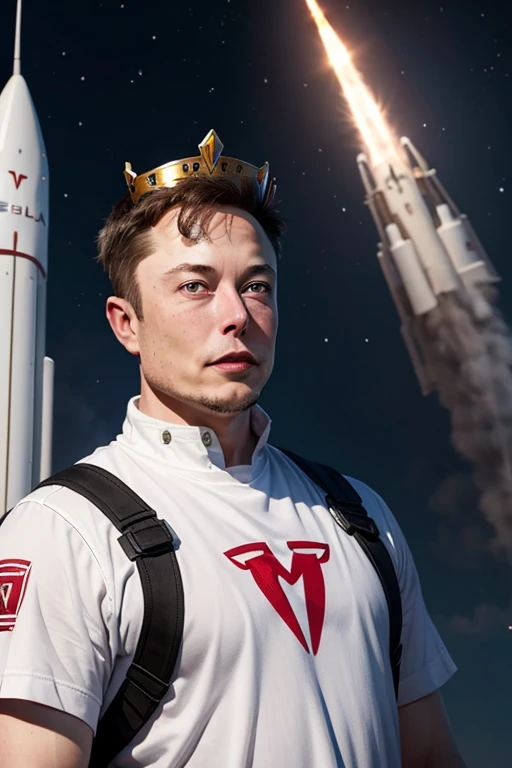 Elon musk wearing a crown which is named GROK on it, with background having Tesla and Space Rocket