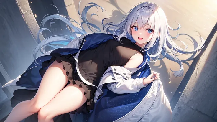 Ultra-high image quality,Look at viewers, girl with, 20yr old, Very short hair, long bangs between eyes, pale blue eyes, Hoodie, Skirt , Extremely detailed,(​masterpiece、top-quality)、report、White hair、A smile、White skin as clear as snow、Fantastical, Silver...