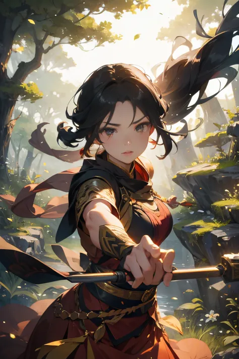 female  warrior shooting a bow, deep forest, blowing in the wind, (highest quality), delicate and beautiful details,