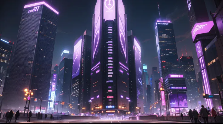 (((tmasterpiece))), beste-Qualit, the night, purple and blue billboards, bridge, ultra-detailed CG unity 8k wallpaper, Cyber City, tokyo, big city of the future, high rise buildings, crowds of people are walking