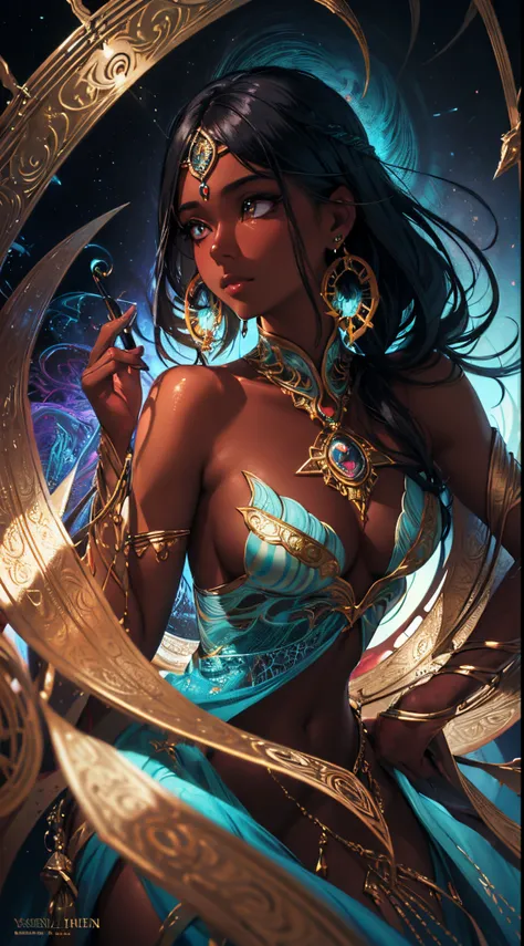 {Celestial hues, lofi, shiny aura, cute, skin girl with dark skin and black hair, big pretty realistic eyes, golden tribal markings} solo ((( perfect dark skintone, perfect flawless face))), highly detailed, holographic glowing motifs, beautifully detailed...