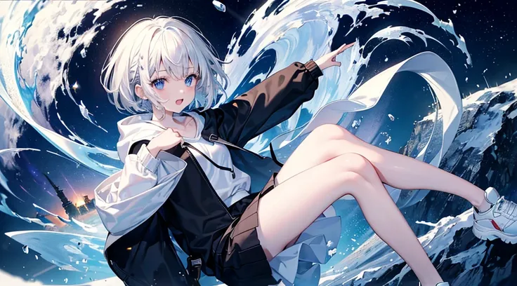 Ultra-high image quality,Look at viewers, girl with, 20yr old, Very short hair, long bangs between eyes, pale blue eyes, Hoodie, Skirt , Extremely detailed,(​masterpiece、top-quality)、report、White hair、A smile、White skin as clear as snow、Fantastical, Silver...