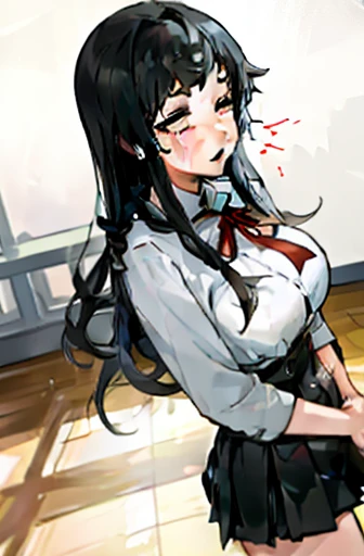 1 girl as yukino yukinoshita, absurdres, highres, solo, school uniform, big breasts, waist long black hair, (twintails:0.5), miniskirt, black thighhigh socks, loose red ribbon, unbuttoned white shirt, (ahegao:1.1), (rolling eyes:1.1), (female masturbation:...