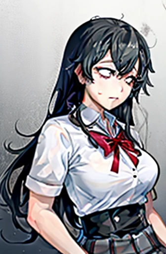 1 girl as yukino yukinoshita, absurdres, highres, solo, school uniform, big breasts, waist long black hair, (twintails:0.5), miniskirt, black thighhigh socks, loose red ribbon, unbuttoned white shirt, (ahegao:1.1), (rolling eyes:1.1), (female masturbation:...