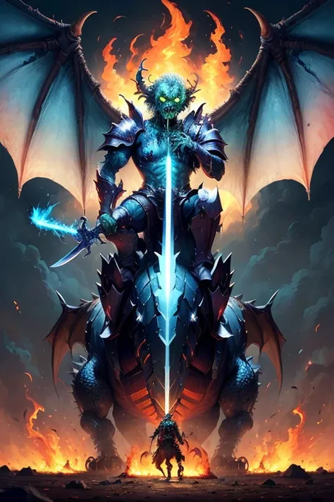 (((giant zombie))), (planet earth in his palm), wearing an old armor, riding a big mecha, ((dragon wing on his back)),( (with a blue big sword made from fire) )