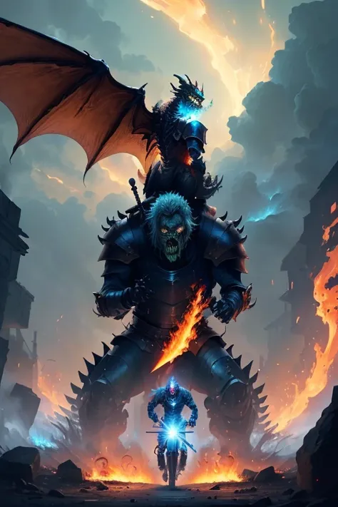 (((giant zombie))), (planet earth on his left hand), wearing an old armor, riding a big mecha, ((dragon wing on his back)),( (with a blue big sword made from fire in his right hand) )