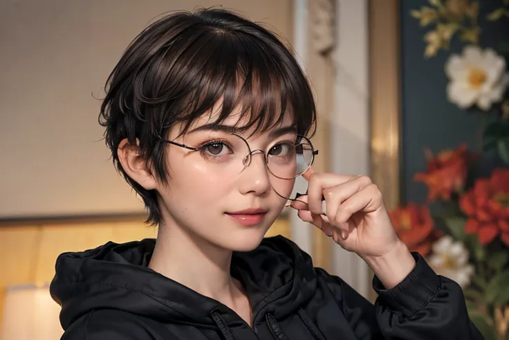 134
(a 20 yo woman,Wearing sportswear), (A hyper-realistic), (high-level image quality), ((beautiful hairstyle 46)), ((short-hair:1.46)), (Gentle smile), (breasted:1.46), (lipsticks), (Wearing glasses:1.46), (darkened room), (florals), (wearing hoodies)