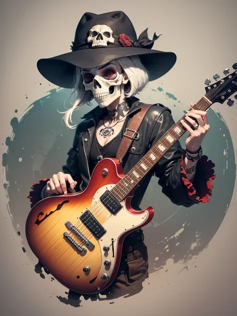 Rock and Roll poster, guitar, skull wearing a hat and bones in a cartoon style, holding a guitar. skull face, spooky cartoon skull, skull and crossbones, skull face, skullish, skull head, lowbrow art style, ((skull)), skull and bones, skull bones, calavera...