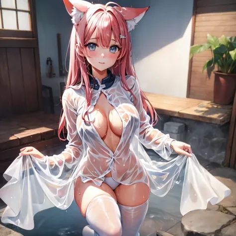 One girl anime styled。girl with。Blue eyes。 in estruig fox Tail。Looking at the camera,fox ear, pink hair, white crop top, fox tail, girl 18 old , utral light, sitting in the bedroom,hair hair, wear pantie, wear dress, salon,Wet and see-through、cute little、b...