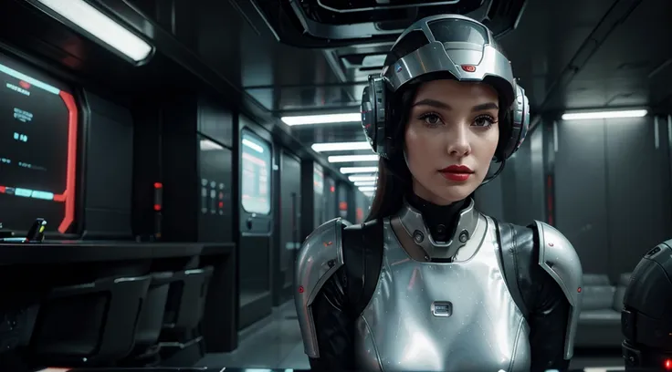 Close-up of a woman wearing a futuristic helmet and red lipstick., Jackie Wells Cyberpunk, CG Society 9, style = Retro Futuristic, Beautiful Robot Woman, Portrait of female robot, Futuristic retro fashion, Still from the movie Bladerunner, Female robots in...