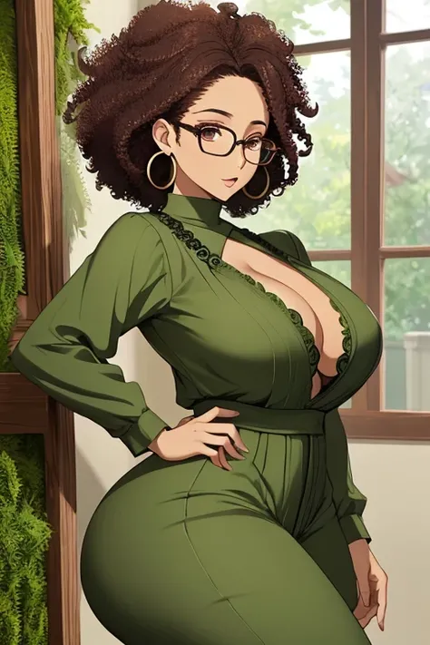 masutepiece, Best Quality),Detailed face, Detailed eyes, glasses afro、Forehead、large earring、 Curly hair, Large breasts, Big butt、Plump、Elegant woman, moss green jumpsuit, All-in-one、Wide pants、full bodyesbian