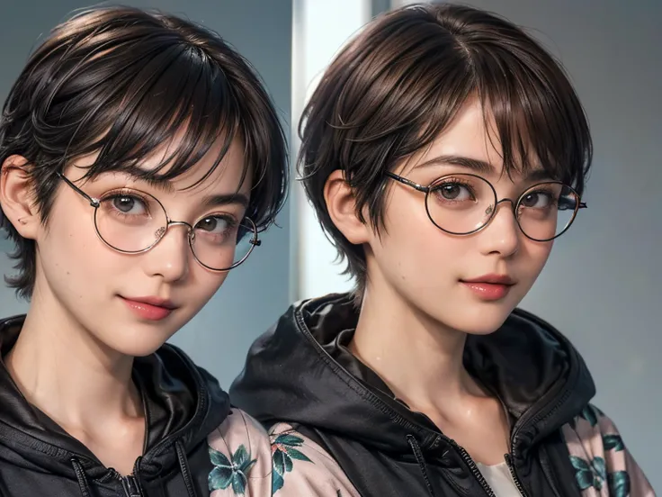 135
(a 20 yo woman,Wearing sportswear), (A hyper-realistic), (high-level image quality), ((beautiful hairstyle 46)), ((short-hair:1.46)), (Gentle smile), (brest:1.46), (lipsticks), (Wearing glasses), (darkened room), (florals), (wearing hoodies)