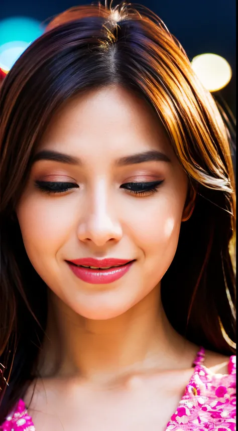 One of the best high-definition images，1girl in, Maroon hair,  Eyes are maroon，cleavage, Closed mouth, Face, Floating hair, heart mark, Lips, lip stick, Long hair, Looking at Viewer, makeup, nigh sky,Pink lips, Portrait, eye detailed，Realistic, Smile, Solo...