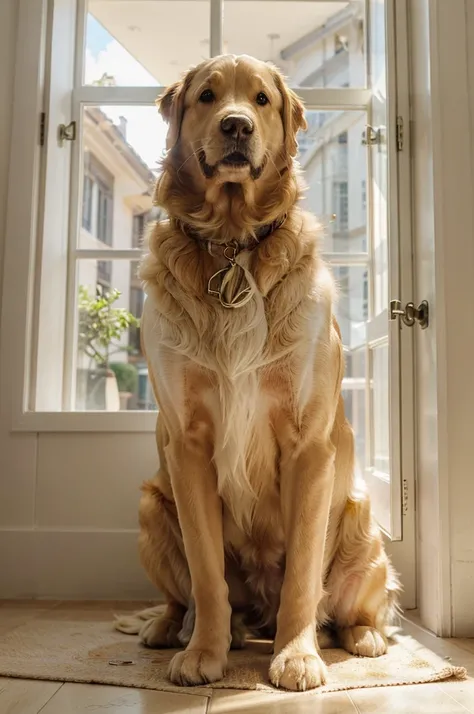 A photograph of a majestic personified Golden Retriever dog, vestido con una camiseta blanca de la marca de lujo Moncler y unos pantalones dentro de un dormitorio acogedor. With his golden coat shining in the soft light that filters through the window., th...