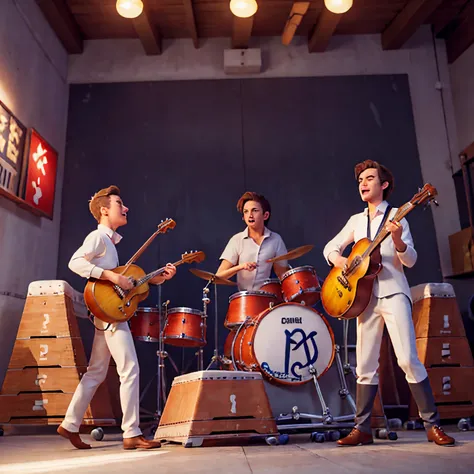 three men, tocando , piano , Acoustic double bass, bateria  em um teatro