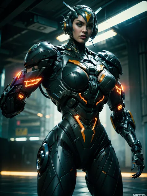 Cinematic, hyper-detailed, and insanely detailed, this artwork captures the essence of megan fox with breathtaking beauty. The color grading is beautifully done, enhancing the overall cinematic feel. Unreal Engine brings her anatomic cybernetic muscle suit...