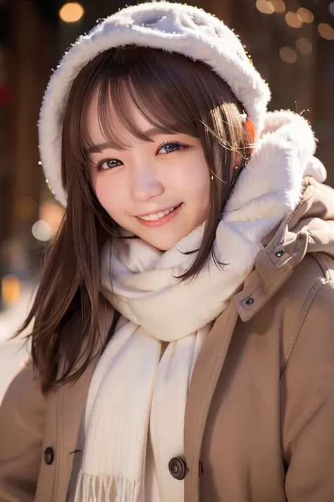 Illumination, Christmas, outdoor, long white coat, smile, brown hair, shoulder length, scarf