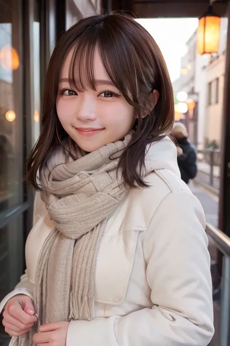 Illumination, Christmas, outdoor, long white coat, smile, brown hair, shoulder length, scarf