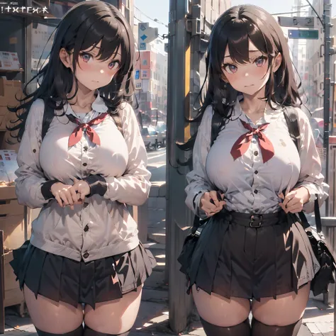 (1 girl standing:1.3), (solo:2.0), (huge perky breasts:2.0), (thin waist:1.3), (thin long legs:1.5), (black thighhighs:1.3), (very short miniskirt:1.8), nose blush, embarrassed, school uniform, cardigan, (excessive pussy juice cascade down between legs:1.5...