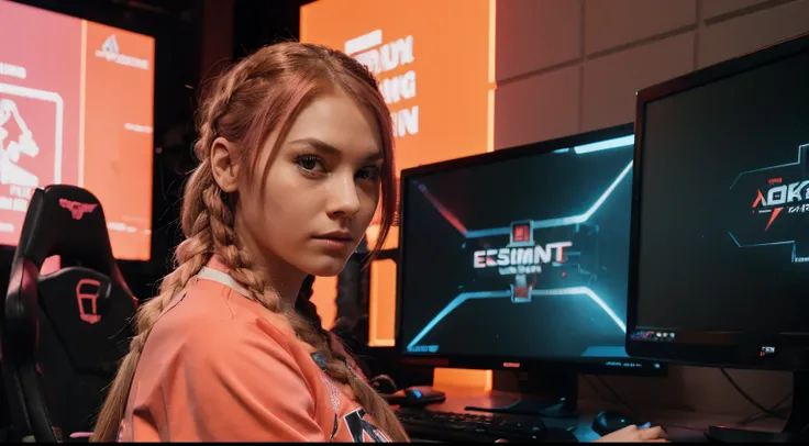 pink braid hair,  futuristic gaming den, focused expression, orange designed jersey, background gaming peripherals, attending esports tournament
[9:56 AM]