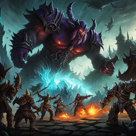 a world of warcraft style painting，20 players fighting a giant, inhuman enemy