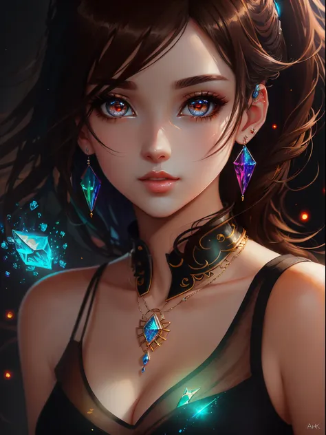 ((top-quality)), ((​masterpiece)), ((realisitic)), (detaileds),animesque、anime styled、 (1人の女性）Earrings only accessories、Close up portrait of woman with dark brown hair、Very beautiful glowing eyes, Like crystal clear glass、Tank Tops、Summer clothes、4K high-d...