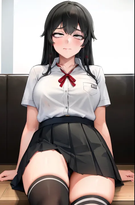 (full figure:1.1), 1 girl as yukino yukinoshita, absurdres, highres, solo, school uniform, big breasts, waist long black hair, (twintails:0.5), miniskirt, black thighhigh socks, loose red ribbon, unbuttoned white shirt, (ahegao:1.1), (rolling eyes:1.1), (f...