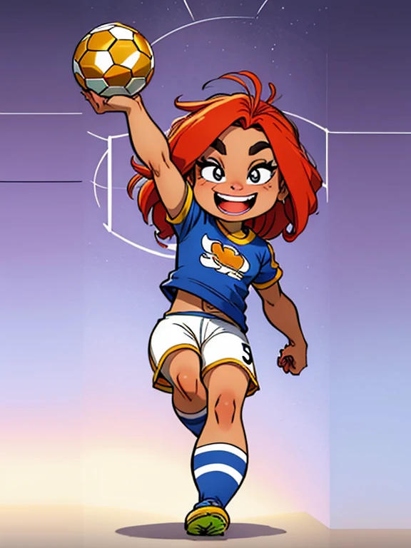 Create an illustration of a chibi-style man, enjoying a pint of beer while balancing a soccer ball on your foot. The figure will be standing, with whole body visible, showing your passion for football. He will be wearing a football fan shirt, com as cores ...