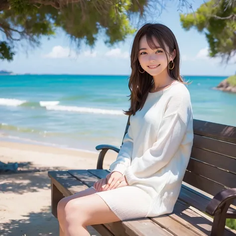 Good weather, sea view, bench, sitting, above the knees, white sweater, smile, brown hair, shoulder length,