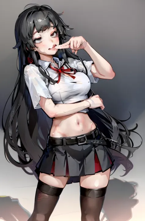 (full figure:1.1), 1 girl as yukino yukinoshita, absurdres, highres, solo, school uniform, big breasts, waist long black hair, (twintails:0.5), miniskirt, (black thighhigh socks:1.1), loose red ribbon, unbuttoned white shirt, (ahegao:1.1), (rolling eyes:1....