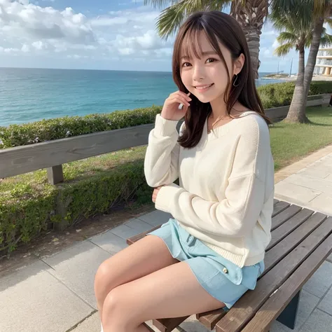 Good weather, sea view, bench, sitting, above the knees, white sweater, smile, brown hair, shoulder length,