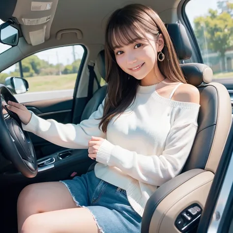 Passenger seat in a car, above the knees, white sweater, smile, brown hair, shoulder length,