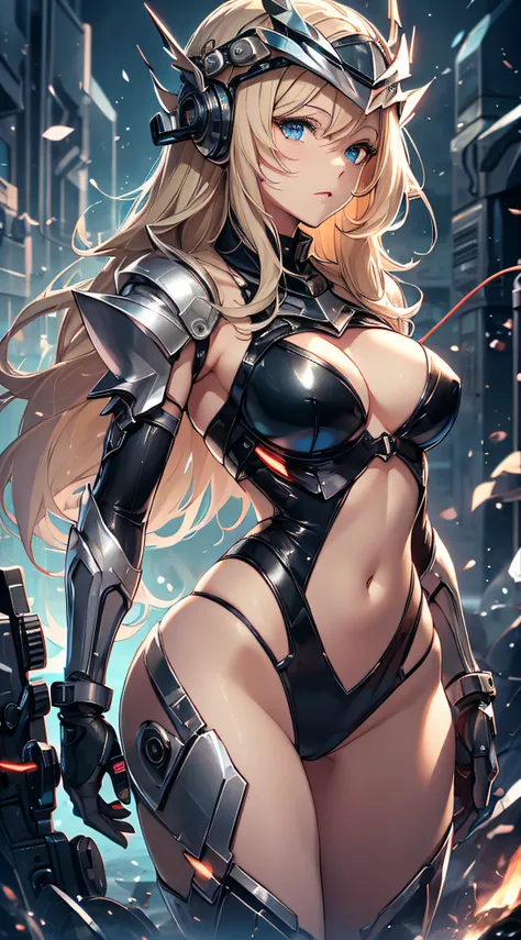 top-quality、Top image quality、​masterpiece、Teenage girl((black mechanic body、Shining red body line、Thorny armor、18year old、 Ager、Best Bust、big bast,Beautiful light blue eyes, Long Blonde Hair、A slender,Large valleys、Reflecting the whole body、black mechanic...