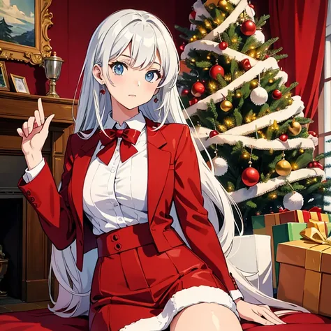 Beautiful eyes, girl looking at the Christmas tree, indoors, Christmas, white theme, red theme, shirt, blazer suit, official art, high quality, production art, novel illustration, best, high resolution, highest quality, award-winning A very detailed, maste...