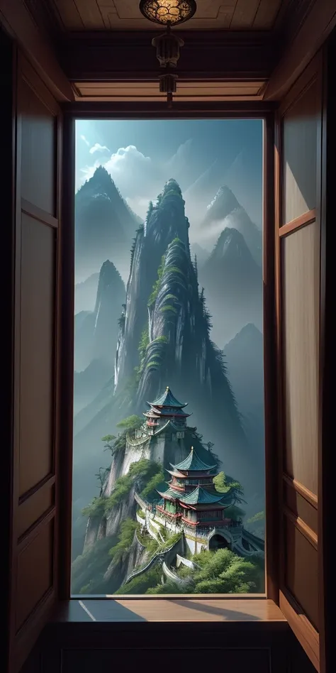 Best quality at best, actual, realisticlying,  ultra - detailed, "Huaguo Mountain+faeries+Chinese architecture" Highly detailed engraving "south " porcelain,ultra-wide-angle,emphasis lighting,Volumetriclighting,The light from the back window is backlighted...