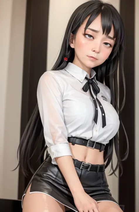 (full figure:1.1), 1 girl as yukino yukinoshita, absurdres, highres, solo, school uniform, big breasts, waist long black hair, (twintails:0.5), miniskirt, (black thighhigh socks:1.1), loose red ribbon, unbuttoned white shirt, (ahegao:1.1), (rolling eyes:1....