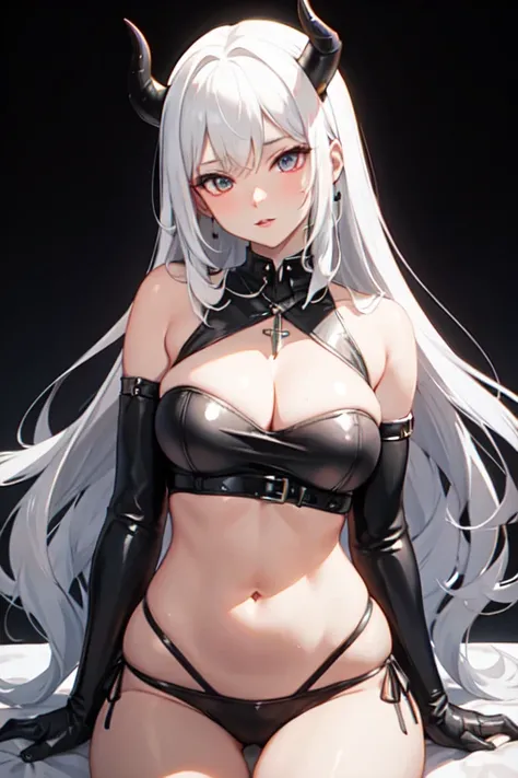 Sexy demon queen
sexy black leather clothing
black horns
white hair
in hell