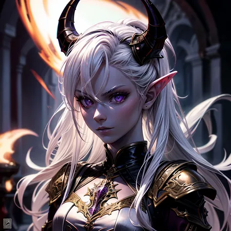 masterpiece, highest quality, (solo focus), (perfect face:1.1), (high detail:1.1), (hyper detailed eyes), dramatic, a tiefling w...