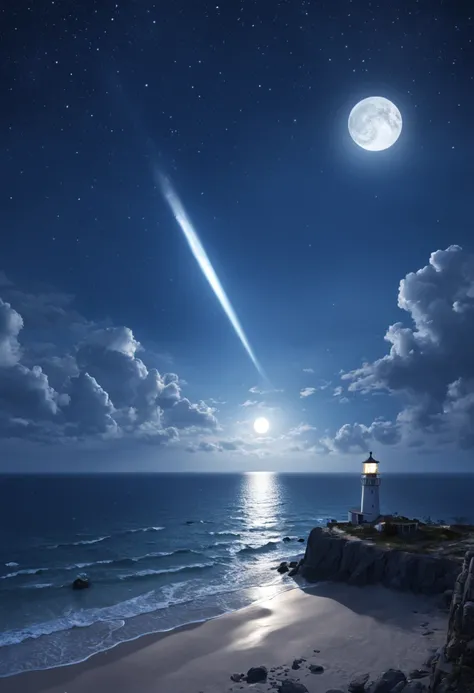 The nearby beach is dotted with colorful glowing stones in the distance，There is a lighthouse，large moon，Fluorescent ocean，Moonlight and shining stars 3d，Ultra-wide viewing angle，birds eyes view，Moonlight fills the stars on the sea，reflector，CG，volumettic ...