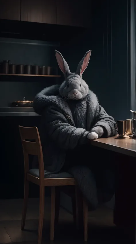 In dim kitchen,he sits on a chair,Solo,gray rabbit,not human, horror, shocking, realistic, luxury fur,high quality, best quality, masterpiece, 8K