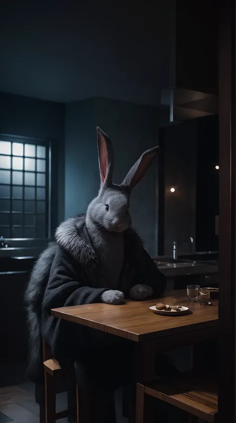 In dim kitchen,he sits on a chair,Solo,gray rabbit,not human, horror, shocking, realistic, luxury fur,high quality, best quality, masterpiece, 8K