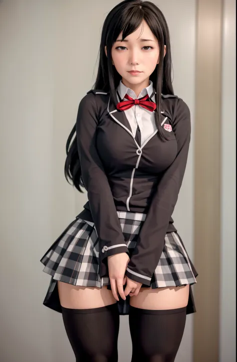 (full figure:1.1), 1 girl as yukino yukinoshita, absurdres, highres, solo, school uniform, big breasts, waist long black hair, (twintails:0.5), miniskirt, (black thighhigh socks:1.1), loose red ribbon, unbuttoned white shirt, (ahegao:1.1), (rolling eyes:1....