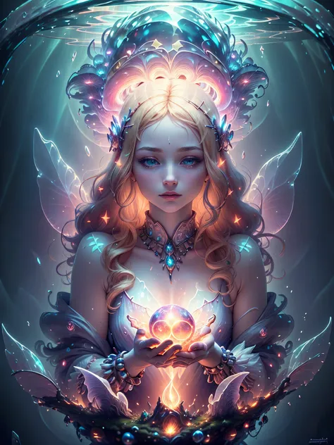 (best quality, highres, masterpiece:1.2), beautiful goddess, holding a bioluminescent power, neon blond hair, soft light around ...