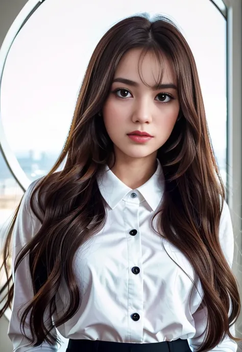 high angle kodachrome photo of a short office girl standing in a bright office near panaramic window, wearing white blouse andblack pants, top button opened, super thick highlighted hair, big round eyes, drammatic makup, arrogant look, arched back, French ...