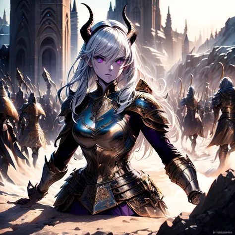 masterpiece, highest quality, (solo focuull bodyview, (perfect face:1.1), (high detail:1.1), (hyper detailed eyes), dramatic, a tiefling woman with pale white skin and long voluminous white hair, 25 years old, purple eyes, solo, long hair, purple horns, to...