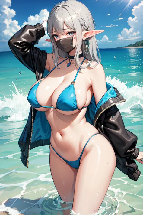 elf, 
female, sexy, attractive 
big breasts 
sexy bikini
grey hair 
grey eyes
sea
water