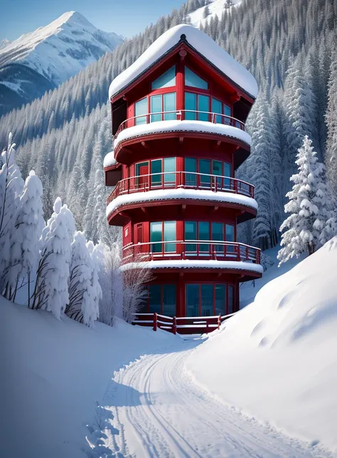 In a snow mountain village，A small house nestled between distant mountains and mountains。White snowflakes dance lightly，Falling gently among the trees，It adds a soft and hazy feeling to the whole picture。The cyan house and red windows stand out against the...