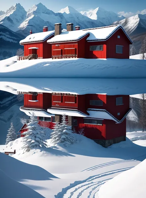 In a snow mountain village，A small house nestled between distant mountains and mountains。White snowflakes dance lightly，Falling gently among the trees，It adds a soft and hazy feeling to the whole picture。The cyan house and red windows stand out against the...