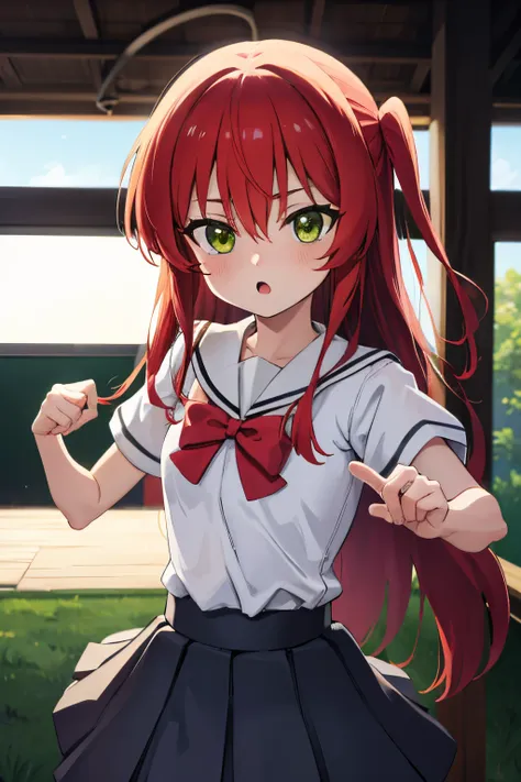 kitaikuyo, ikuyo kita, (green eyes:1.5), hair between eyes, long hair, one side up, red hair, (flat chest:1.2),
break black foot...